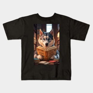 Siberian husky reading book  in library Kids T-Shirt